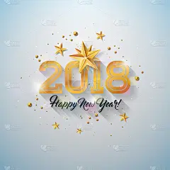新年快乐插图与印刷信，金色剪纸星星和装饰球在白色的背景。矢量假日设计的优质贺卡，派对邀请或促销横幅。