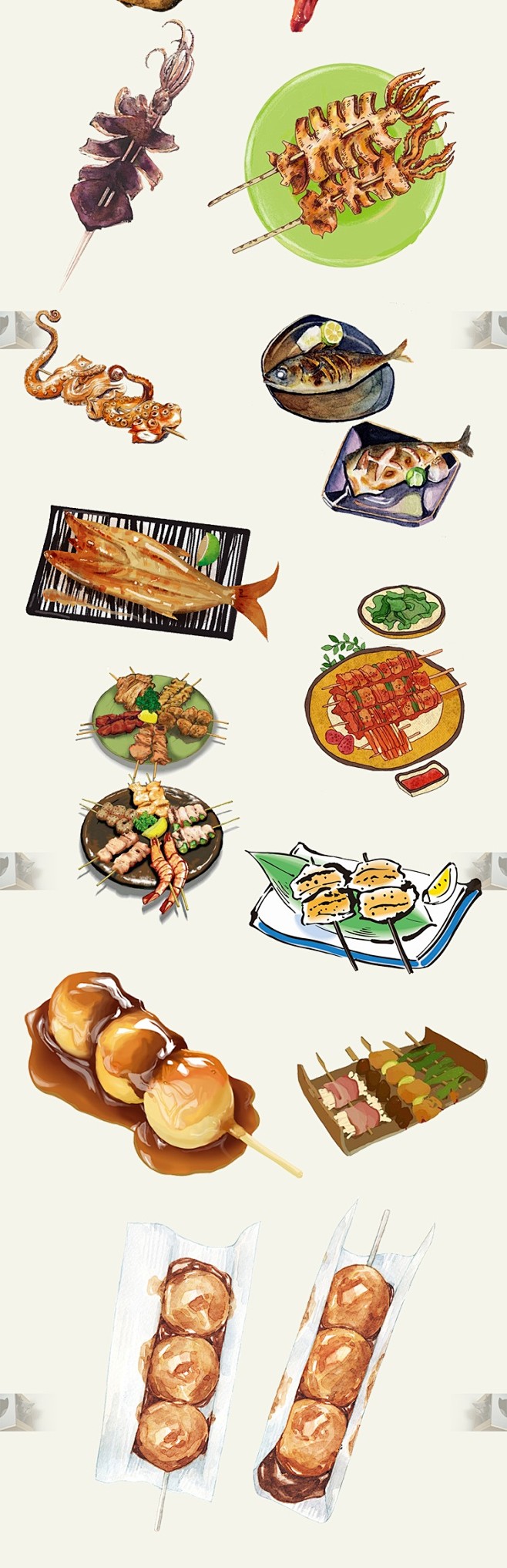 烧烤撸串串香手绘复古水彩图案美食店铺餐厅...