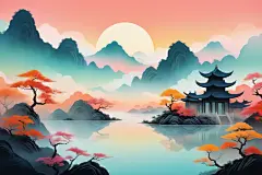 禅意古风国潮山水插画背景图