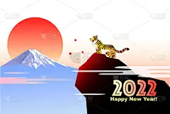 看富士山第一次日出的老虎插图新年贺卡