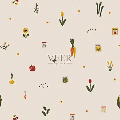 自然无缝矢量图案与农场蔬菜，鲜花和种子。简单的卡通涂鸦手绘斯堪的纳维亚风格。朴实的有机调色板工艺背景。时尚插图。插画图片素材