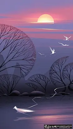 唯美精致插画场景设计欣赏 白鹤 仙鹤 红日 太阳 晚霞 霞光 彩霞 落日 大树 树枝插画