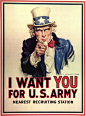 美国需要你（1917年）。受“吉钦尼尔勋爵需要你”的启发，詹姆斯·蒙哥马利·弗拉格（译注：美国插图画家和作家）的作品现在是美国人的标志性形象。