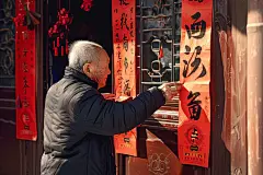 春节贴对联人物摄影图