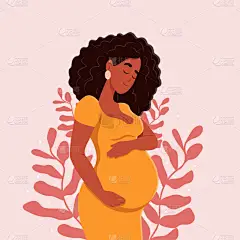 健康怀孕。漂亮的黑人孕妇抱着她的肚子.怀孕和生育的概念。健康怀孕。矢量平面插图