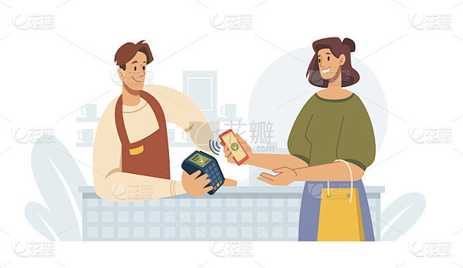 非接触式支付，女性终端智能手机支付，平面卡通矢量插图。超市柜台购物者和商店卖主，收银购物者。通过nf