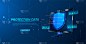 蓝色背景下的网络安全、数据保护、网络攻击概念。数据库安全软件开发。网络安全的概念。有防护罩保护的笔记