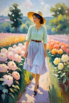 公园艺术田园女人油画图片插画