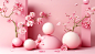 empty pink cubes, petals and flowers with pink egg on pink background, in the style of geometric minimalist sculptures, minimalist stage designs, japanese-inspired imagery, oversized objects, daz3d, monochromatic simplicity, circular shapes