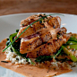 Seared Tuna on a bed of Spinach rice.