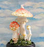 A Magical Land - rabbit and fly agaric mushroom mixed medium clay art bell jar giant terrarium : This magical giant terrarium is created with polymer clay,light weight clay and paper clay. The giant fly agarics are polymer making them heavy weight and sol