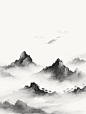 极简主义山水插图，水墨山脉清晰黑白