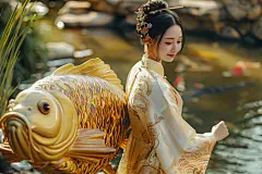 汉服美女人物肖像锦鲤摄影图片
