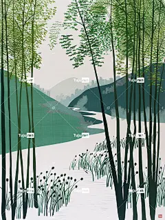中国夏季风景，曲线线条流畅，色彩极其鲜艳，对比度高，白色背景