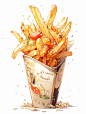 french fries in a tin with tomatoes and ketchup on the side, watercolor drawing