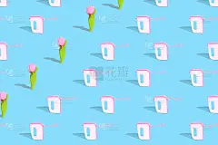 ． 创意设计的名片。姜饼形状的郁金香在蓝色明亮的背景。庆祝妇女节、情人节的概念。模式。