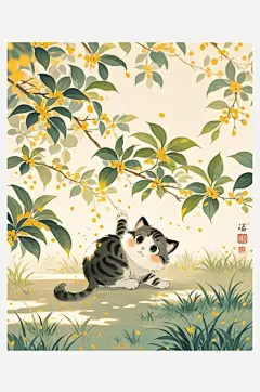 水墨插画庭院桂花树下一只小奶猫草