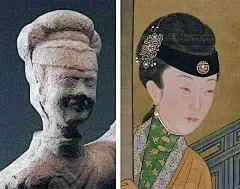 帼与包头——左图：东汉红陶舞蹈俑；右图：清《雍亲王题书堂深居图屏》之一