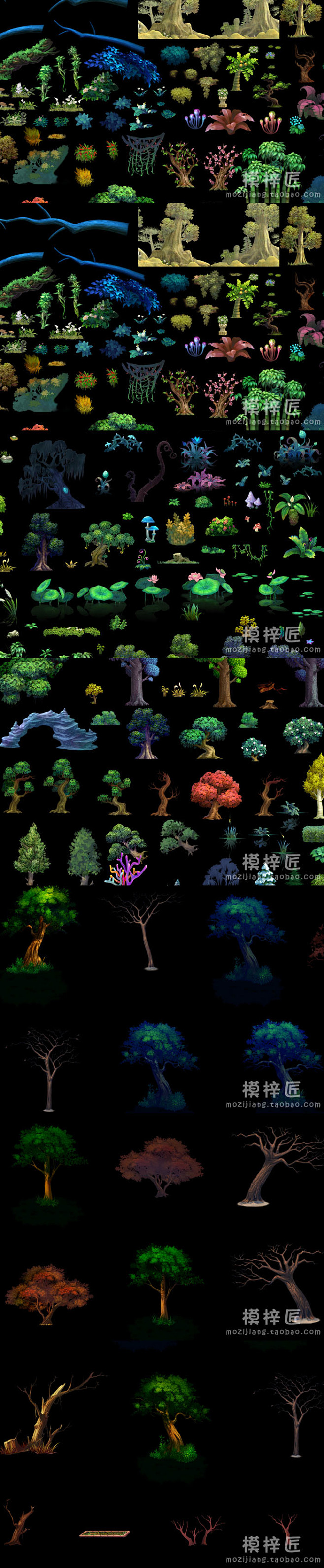 游戏场景设计元件 横版手绘植物素材PSD...