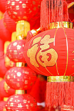 traditional red Chinese lantern decorated for the Chinese New Year (Spring Festival), the Chinese characters 'fu' on it which mean 'good luck' or 'blessingfestive Chinese lantern