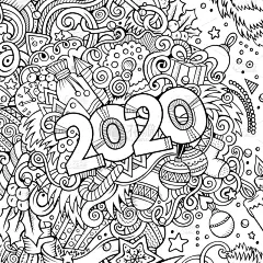 2020,新年前夕,绘画插图,乱画,轮廓线画,动物手,可爱的,单词,贺卡