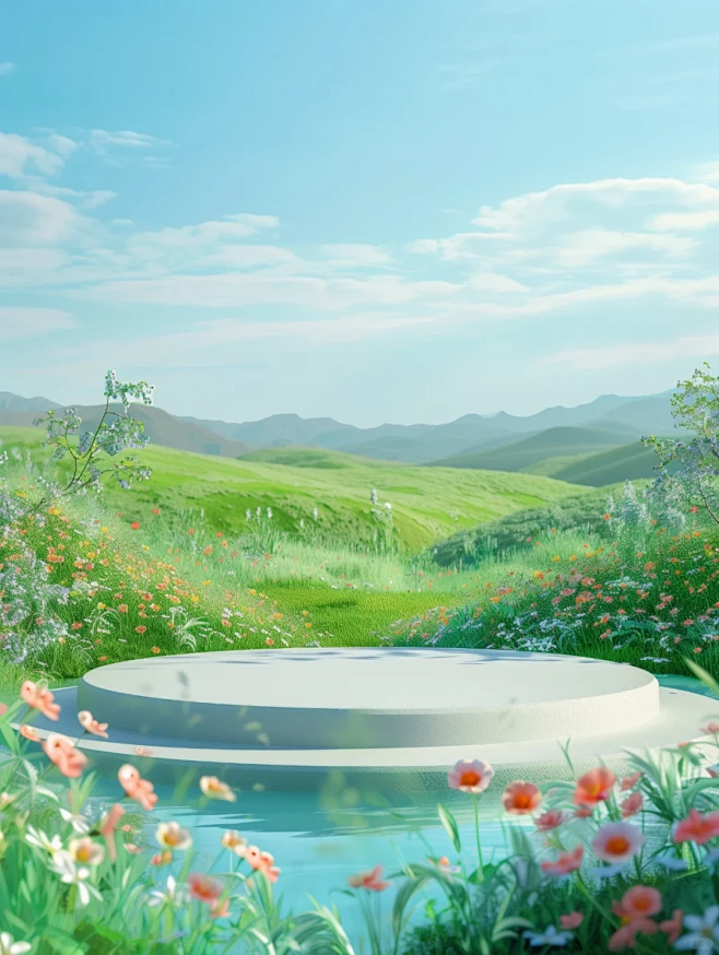 3d cartoon style. A simple circular stage is placed on a grassland with ...
