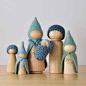 Our Trio and Bunch doll sets are comprised of the smaller dolls in our range. Cluster, Bundle and Brood sets include our largest dolls, which are sling compatible.The Seaside Wee Folk wear sea green and blue in a variety of tones and shades. Due to variat