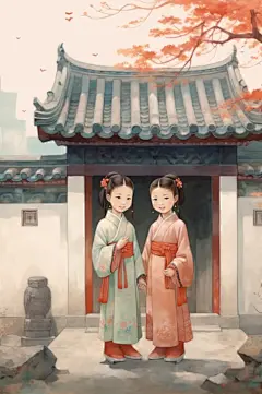 AI数字艺术中国风儿童水墨插画-众图网