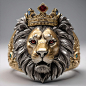 The image shows a lion wearing a crown, which is a fashion accessory. The crown appears to be made of brass, gold, and jewels, adding to its regal appearance.