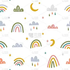 简约的斯堪的纳维亚风格婴儿主题无缝背景。手绘彩虹与云和月亮在柔和的颜色。婴儿房、法比奇和纺织品印花模
