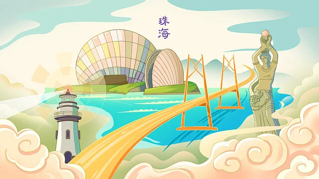 珠海地标建筑国潮插画-花瓣网