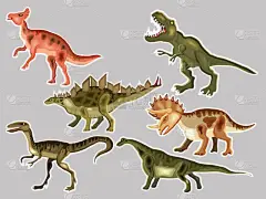 霸王龙, 霸王龙, 猛禽, 三头龙, 支气管龙, 马尾松, 剑龙。恐龙的可爱的向量动画片集合, 补丁
