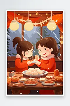 创意冬至包饺子手绘插画-众图网