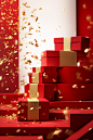 Red box with gold confetti and confetti coming down steps, in the style of indoor still life, simplified compositions, wrapped, piles/stacks, crisp and clean, commercial imagery, spiral group