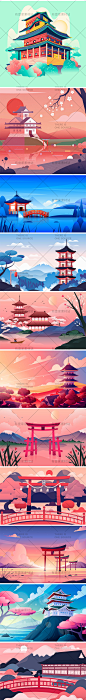 中国日本古代风建筑阁楼寺庙宫殿亭子风景观景插画AI矢量设计素材-淘宝网