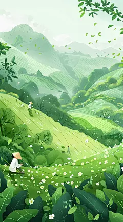 茶园采摘茉莉花茶海报插画