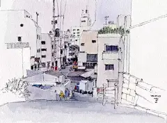 淡彩小镇插画 铅笔淡彩城市街景画 有点色彩的小城铅笔画
