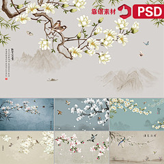 中国风新中式玉兰花鸟手绘国画工笔画背景墙...