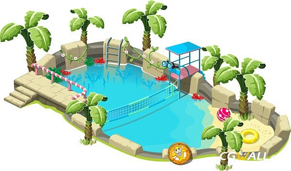 Q版卡通游戏场景游乐场，水池，游泳池，热...