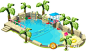 CGwall游戏原画网站_Q版卡通游戏场景游乐场，水池，游泳池，热带植物，海上排球