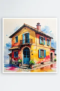 手绘油画老房子四合院插画-众图网