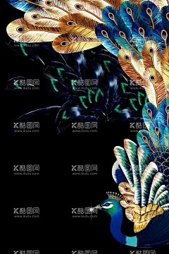 孔雀装饰画  - 源文件下载【酷图网】孔雀,手绘孔雀,绘画孔雀,枝头孔雀,花瓣,树枝,背景画,墙画,装饰画,分层图,