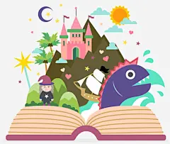 掀开书本里的童话世界矢量图_新图网 https://www.ixintu.com 城堡精灵大鱼树木船山大海月亮书本童话