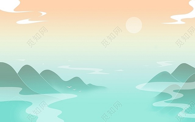 国潮山水云海日落夕阳大河国风插画国潮人物...