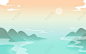 国潮山水云海日落夕阳大河国风插画国潮人物插画