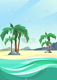 有棕榈树和山脉的荒岛海岸。