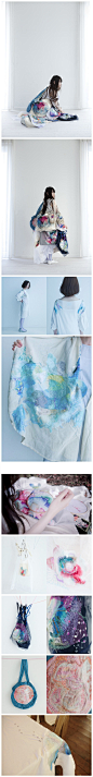 @设计现场：【水彩般的刺绣】来自日本奈良艺术家Yumiko Arimoto的作品，她擅长用轻盈的彩线来绣制繁复而极具自然之感的作品，透出无限飘渺的梦幻之美。