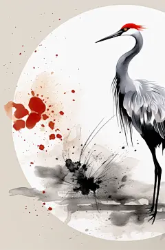AI数字艺术中国风水墨仙鹤丹顶鹤手绘插画