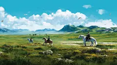 蓝天白云下的辽阔大草原骑马插画