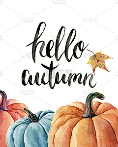 水彩你好秋天字母南瓜和树叶。手绘橙色和蓝色蔬菜孤立在白色的背景。秋季南瓜印花设计